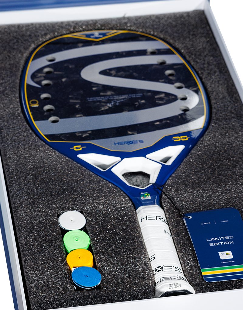 Heroe's x Senna limited edition box, opened with racket
