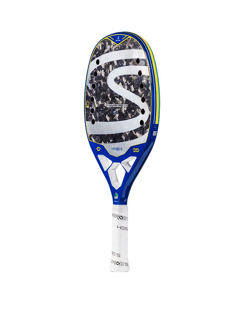 Heroe's x Senna beach tennis racket — three-quarter view