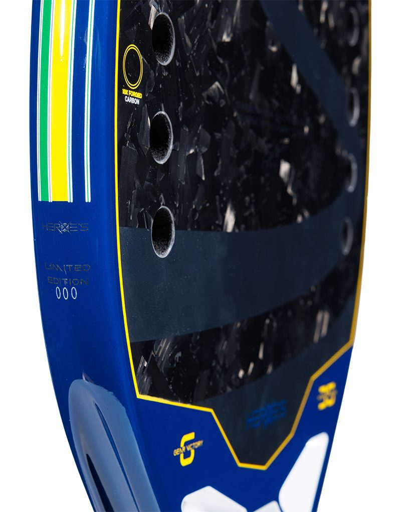 Heroe's x Senna racket — carbon and logo detail